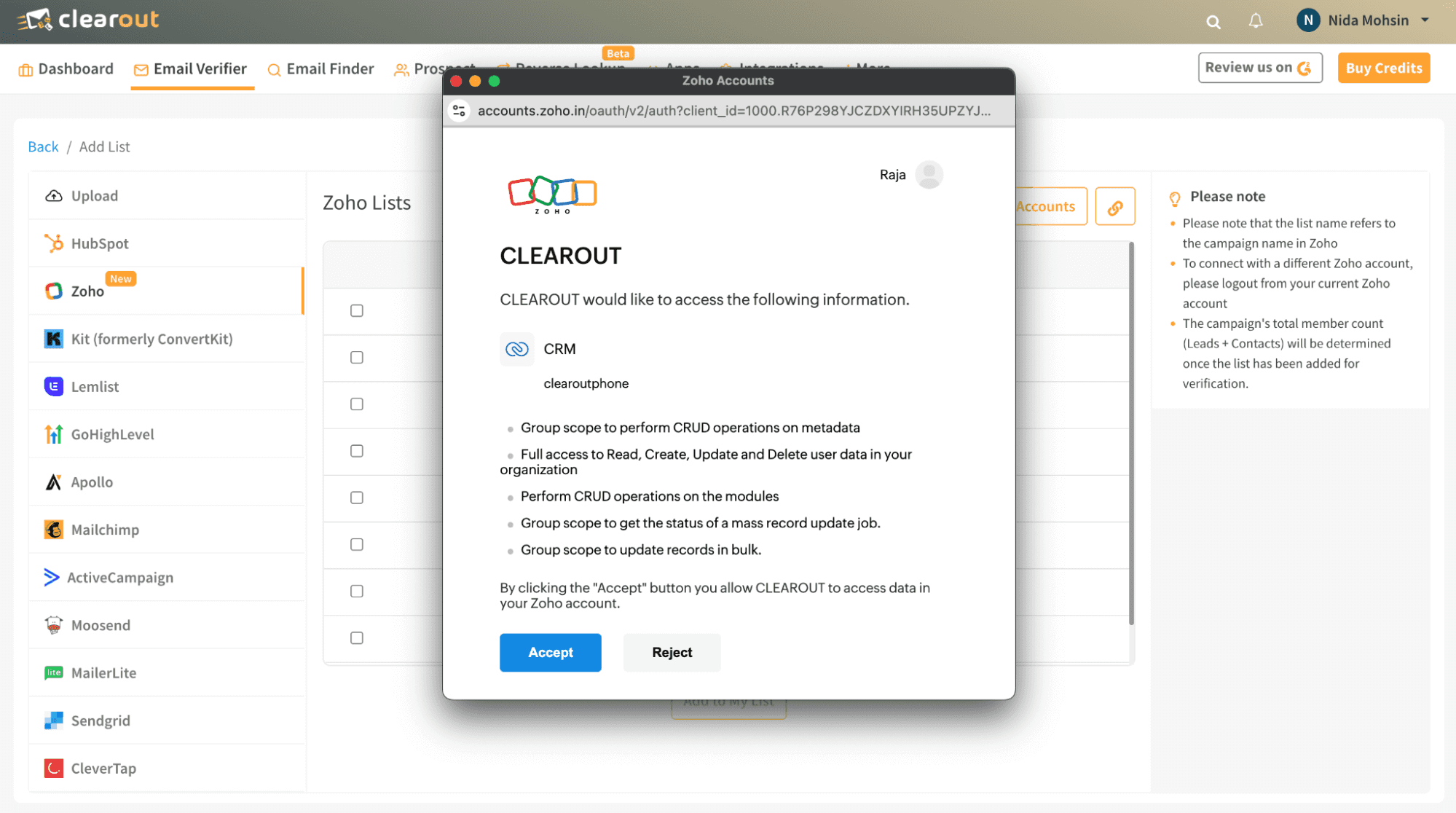 Connect your Zoho CRM account to Clearout