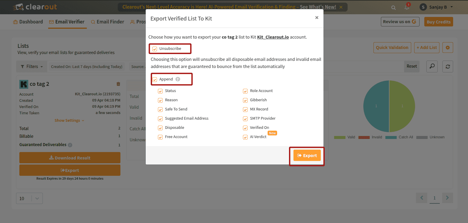 Export the verified results