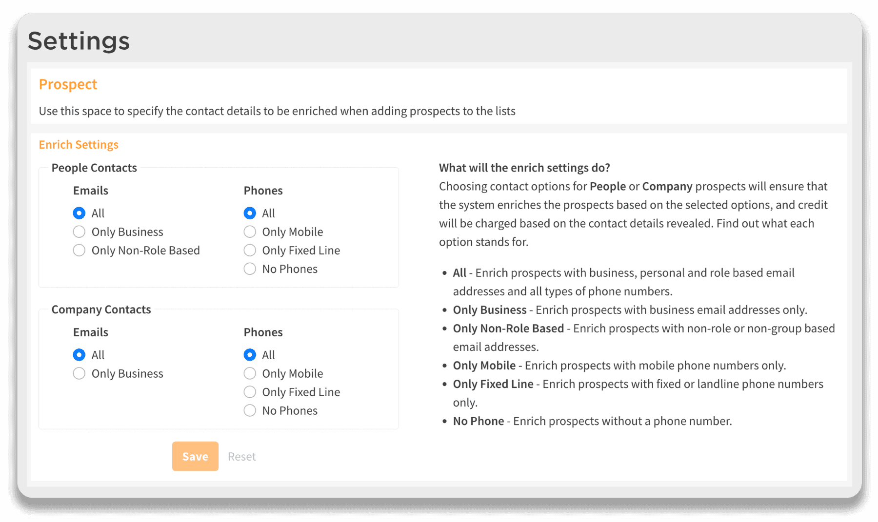 clearout prospect settings to enrich and export