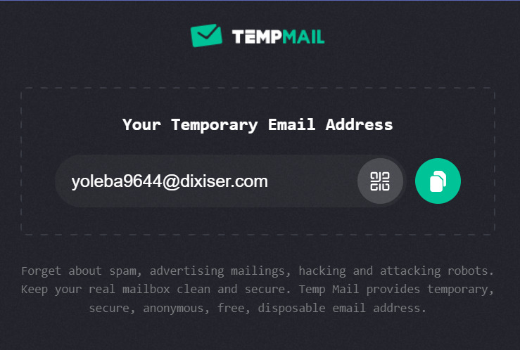 Temp Mail showing a generated temporary email address.