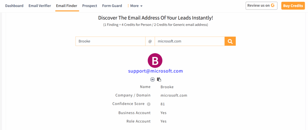 Clearout Email Finder showing email address with confidence score and account details.