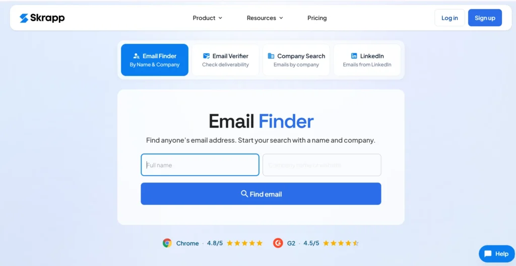 Skrapp Email Finder page.