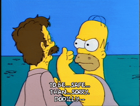 GIF showing Homer Simpson giving a thumbs-up and saying, “To be safe than sorry.” 