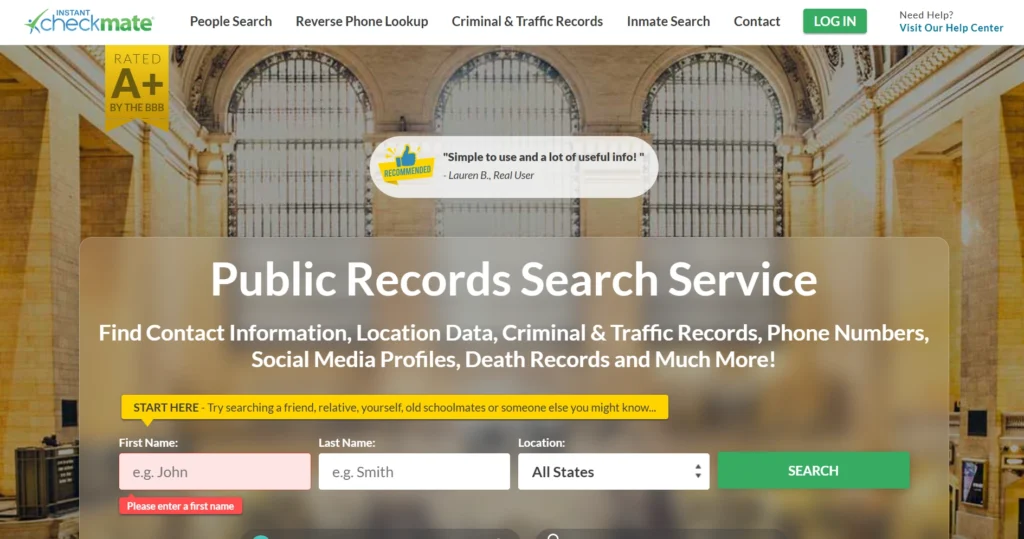 Screenshot of Instant Checkmate home page.
