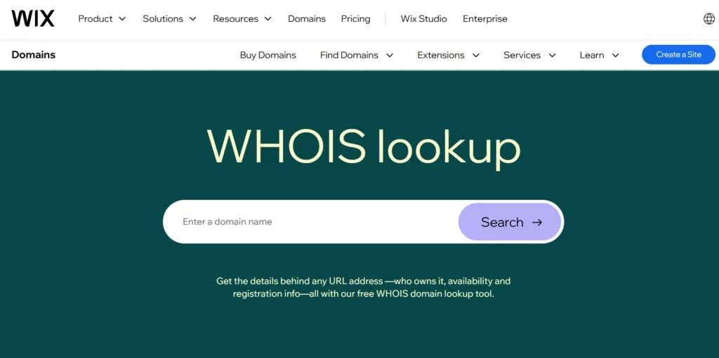 Wix WHOIS lookup tool for domain information.