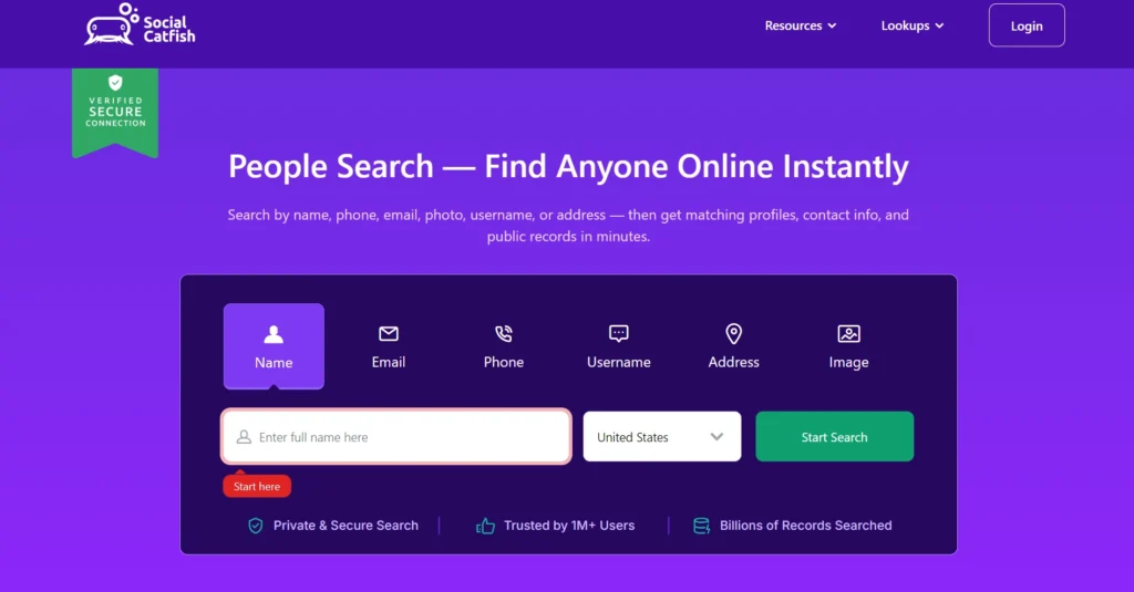 Screenshot of Social Catfish home page.