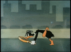 Animated character struggling to balance while riding a skateboard. 