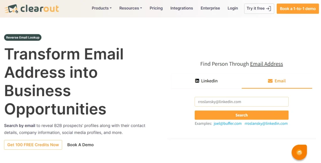  Screenshot of Clearout Reverse Email Lookup page.