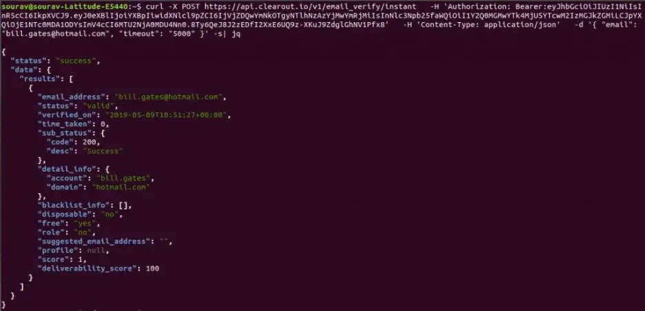 Terminal output of Clearout's instant email verify API returning a valid status in JSON