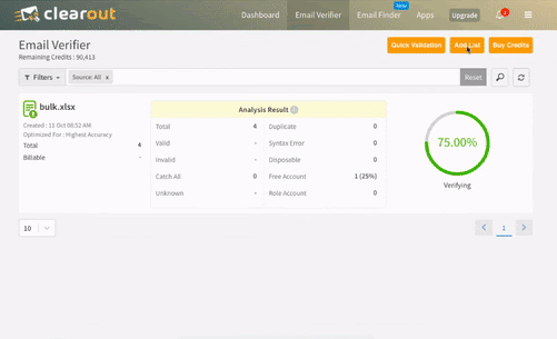 GIF showing Clearout Bulk Email Verifier test results