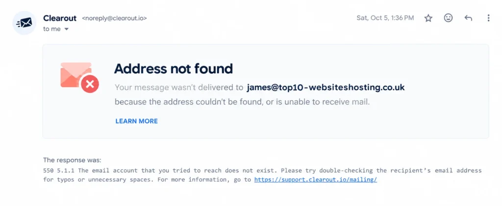 Clearout email bounce notification showing an “Address not found” error