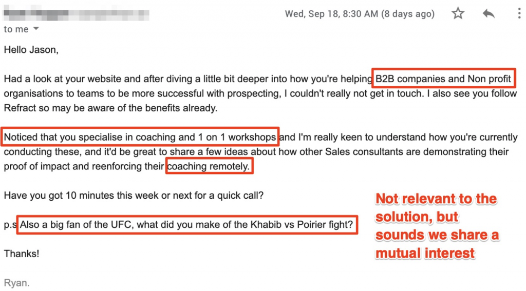 Personalized sales email highlighting recipient’s work & shared interest.