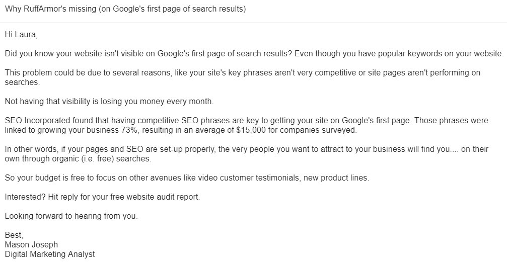 Example of a cold email highlighting a website's SEO issues