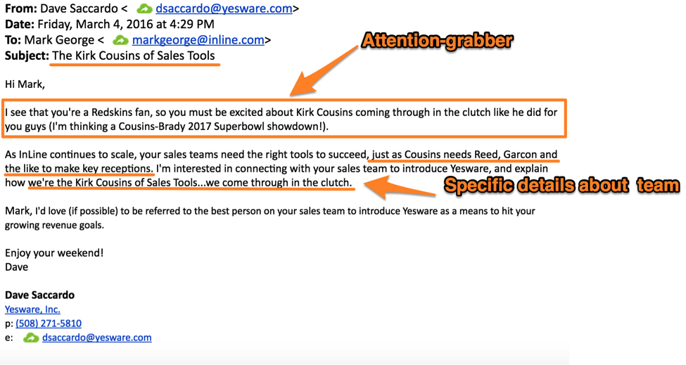 Screenshot of a sales email illustrating personalization strategies.