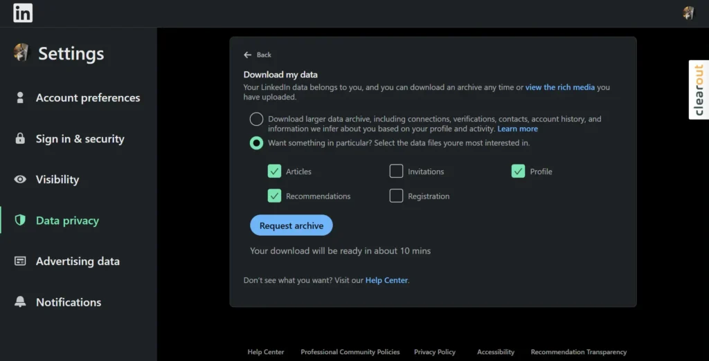LinkedIn Settings Data Privacy page.