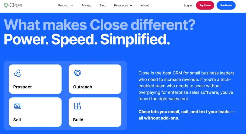 Screenshot of Close home page.