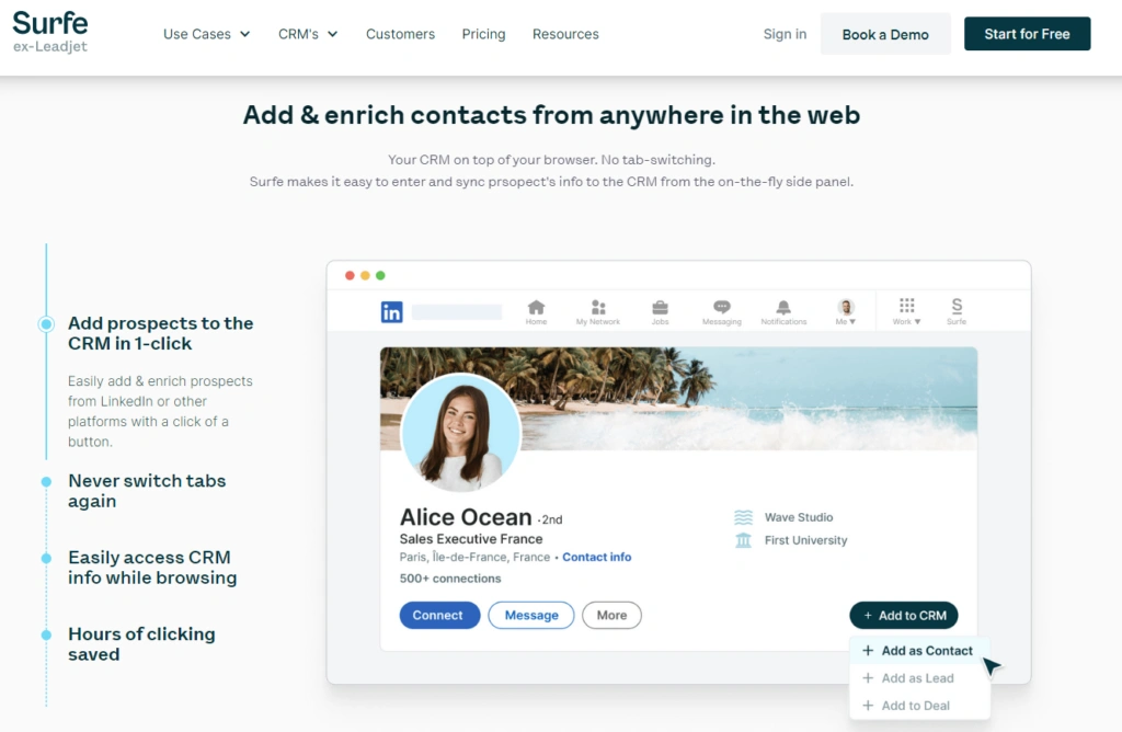 Screenshot of Surfe's prospecting tool for sales.