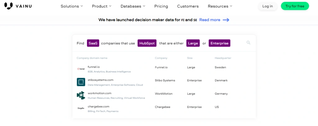 Screenshot of Vainu's sales intelligence platform.