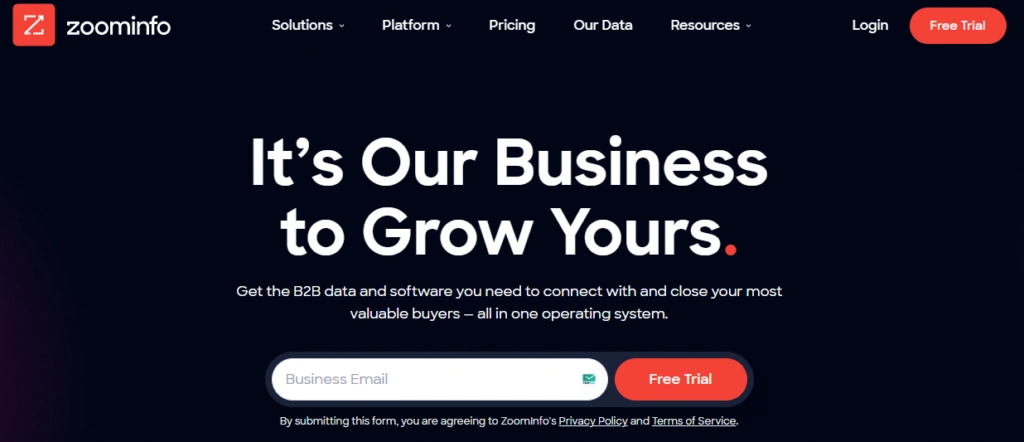 Screenshot of ZoomInfo's home page.