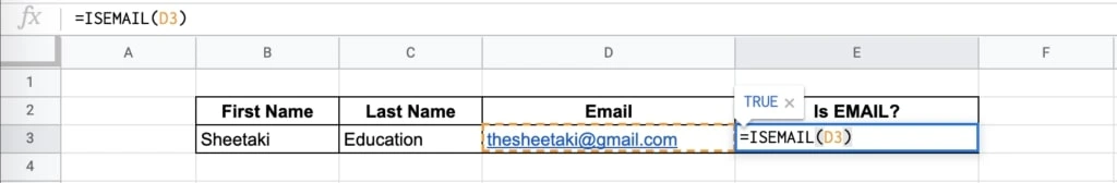Google Sheets ISEMAIL formula validating an email address