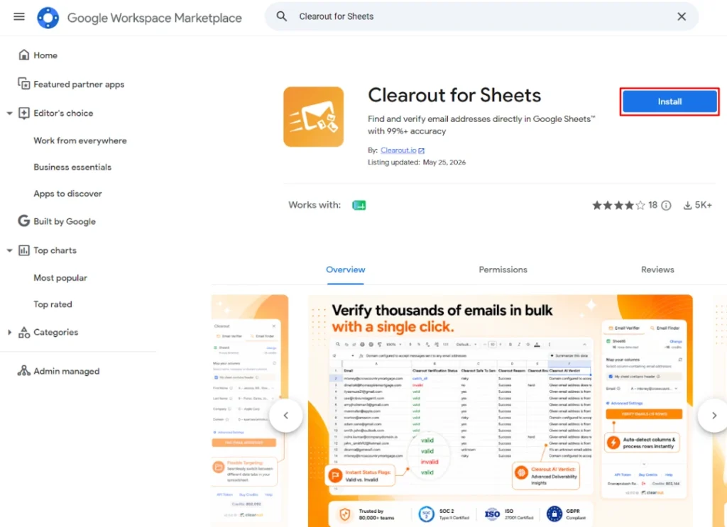 Google Workspace Marketplace page for Clearout for Sheets