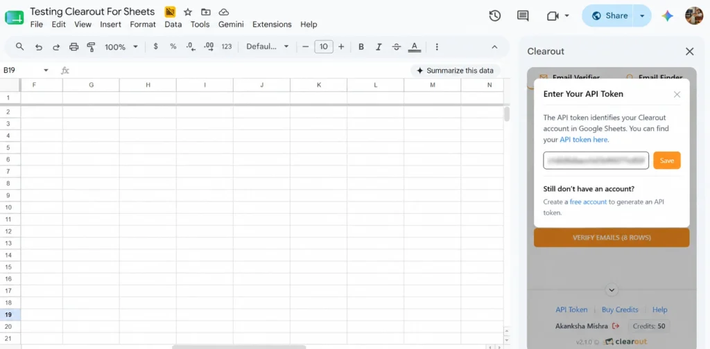 Clearout for Sheets API token setup in Google Sheets sidebar
