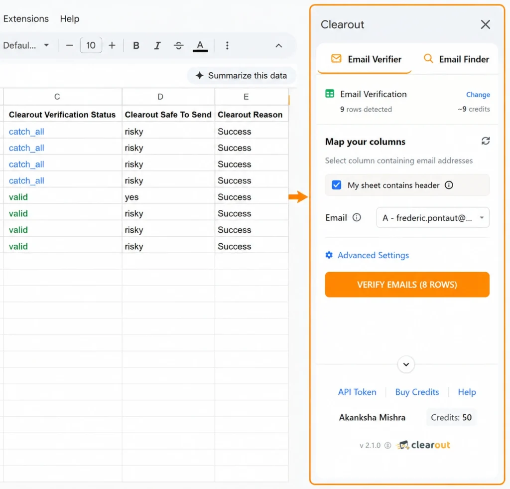 Clearout Email Verifier sidebar with email mapping