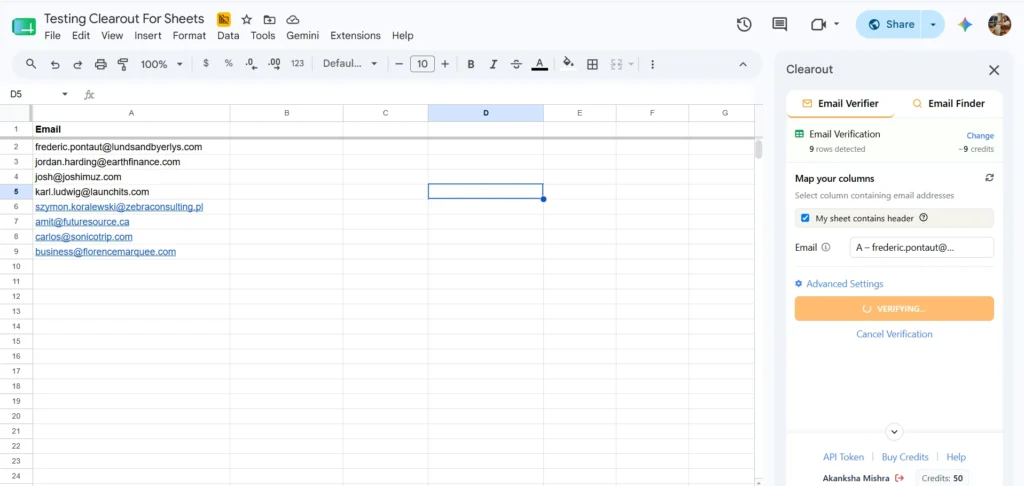 Clearout for Sheets verifying emails in Google Sheets with a mapped email column