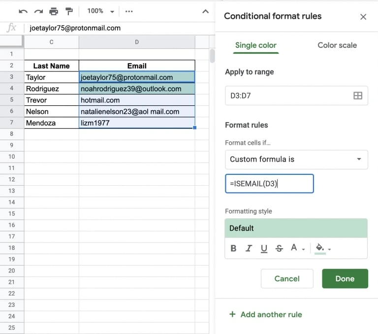 Applying the ISEMAIL formula in Google Sheets data validation