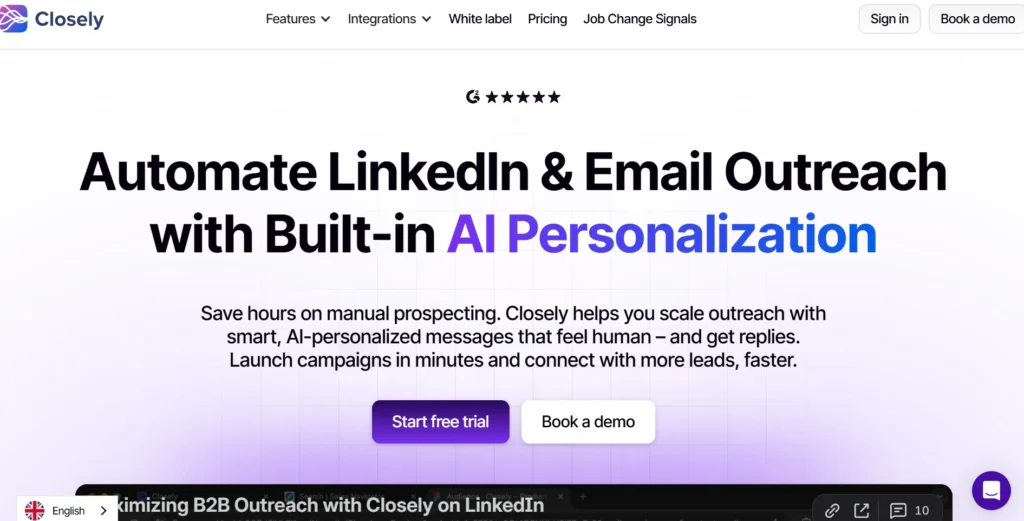Screenshot of Closely landing page