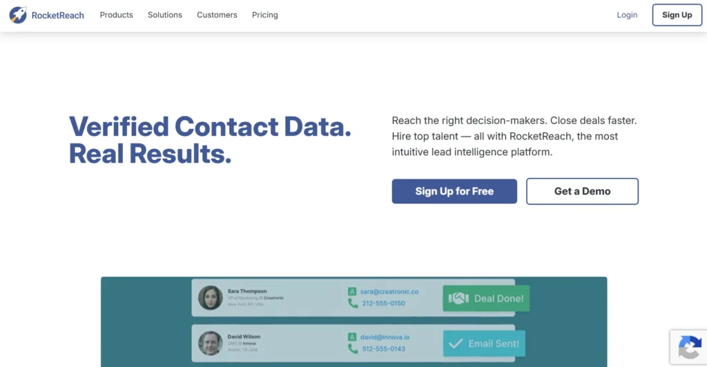 Screenshot of RocketReach landing page