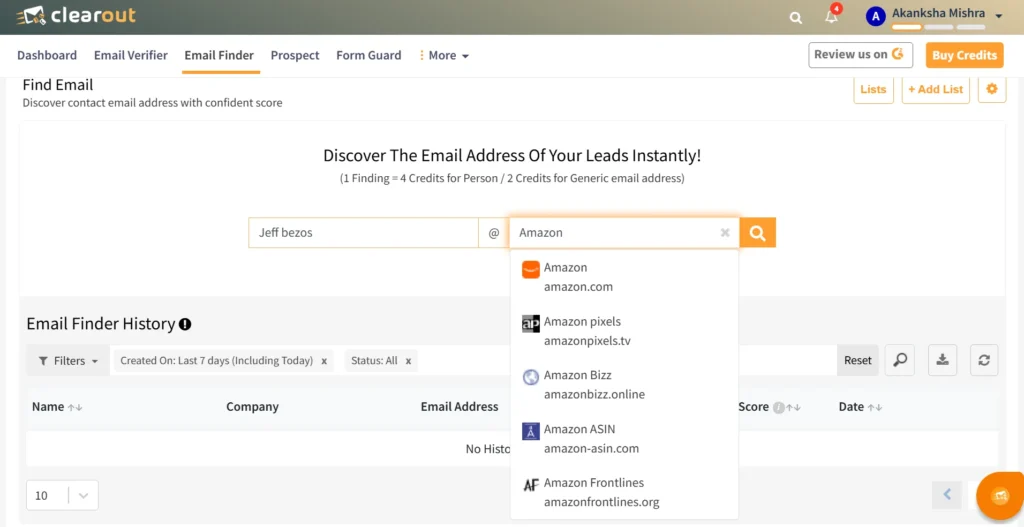 Clearout email finder searching for a contact by name and company domain