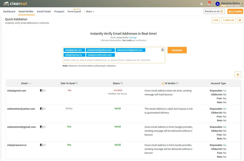 Clearout Email Verifier quick validation results showing email status and safe-to-send checks