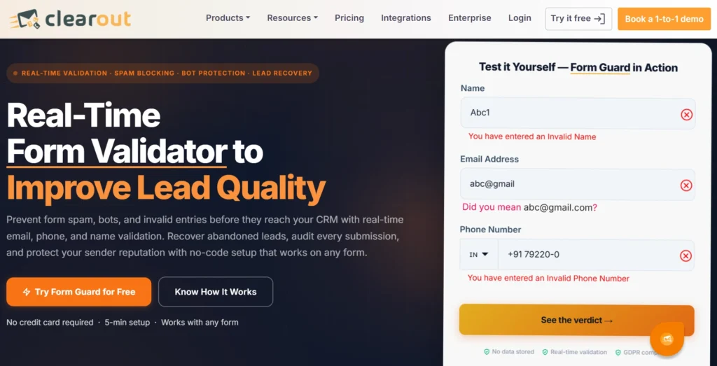 Clearout Form Guard validating invalid name, email, and phone entries. 