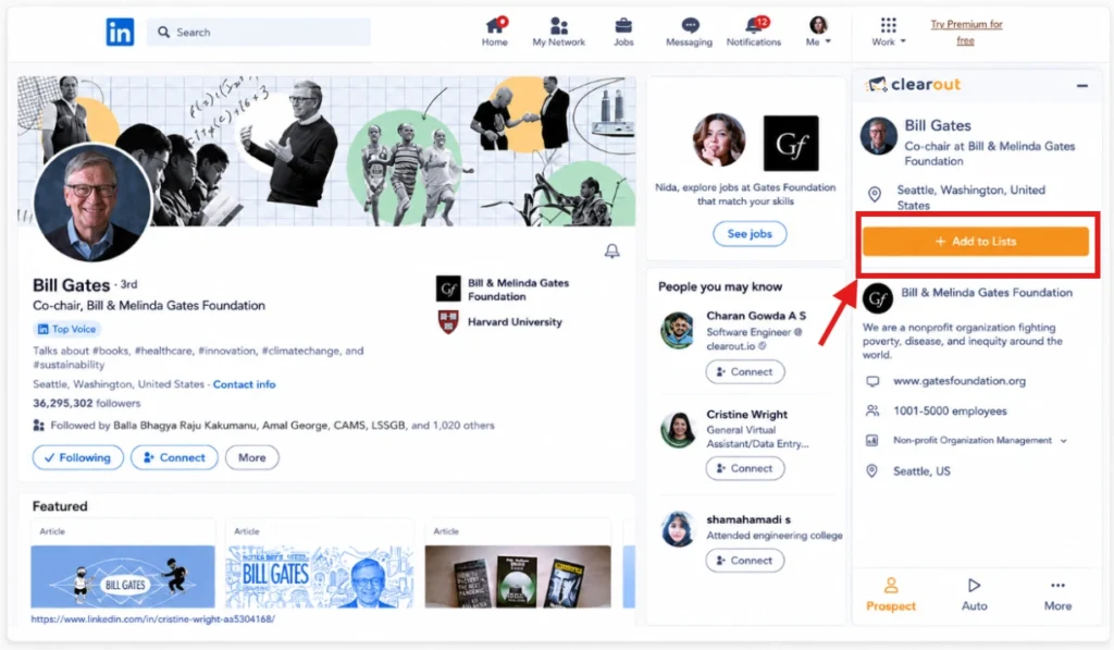 Clearout extension showing “Add to Lists” on LinkedIn.