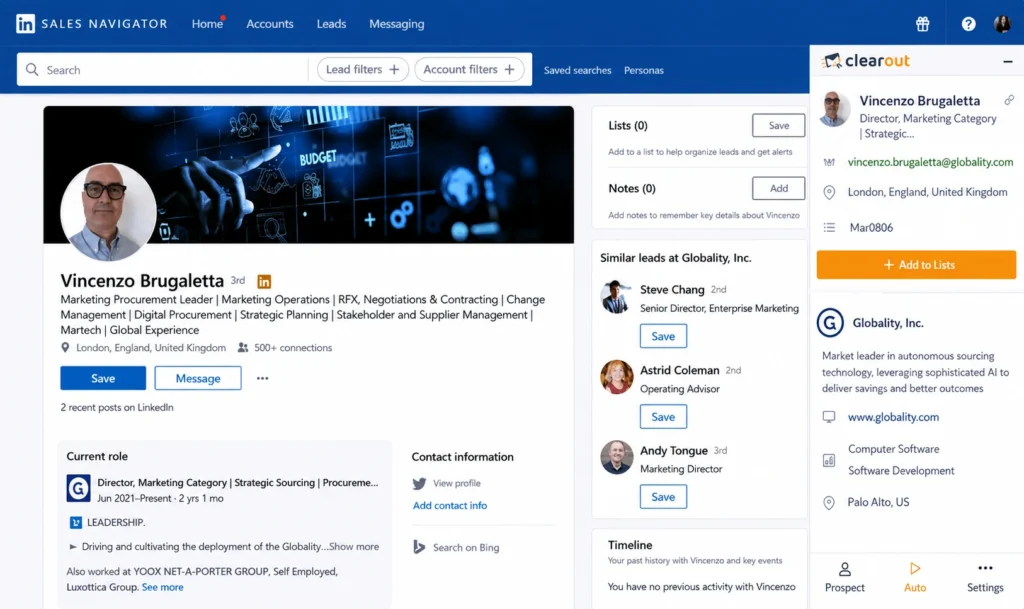 LinkedIn Sales Navigator profile with Clearout’s email finder and prospect details.