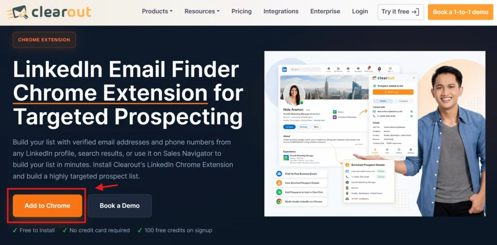 Screenshot of Clearout LinkedIn Chrome Extension page.
