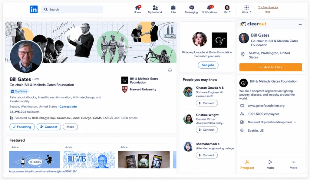 LinkedIn profile with Clearout prospecting panel and contact details.