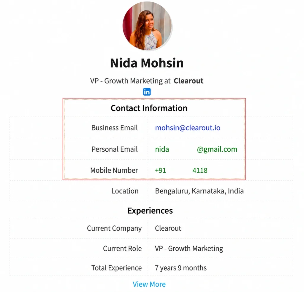 LinkedIn profile contact information showing email and phone details.