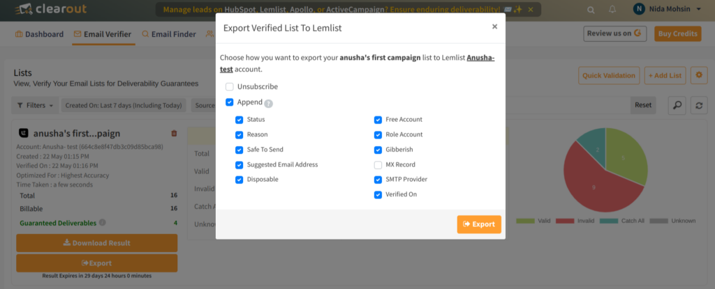export the verified results