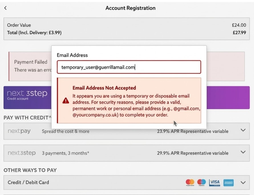 Checkout page showing a "Payment Failed" error message
