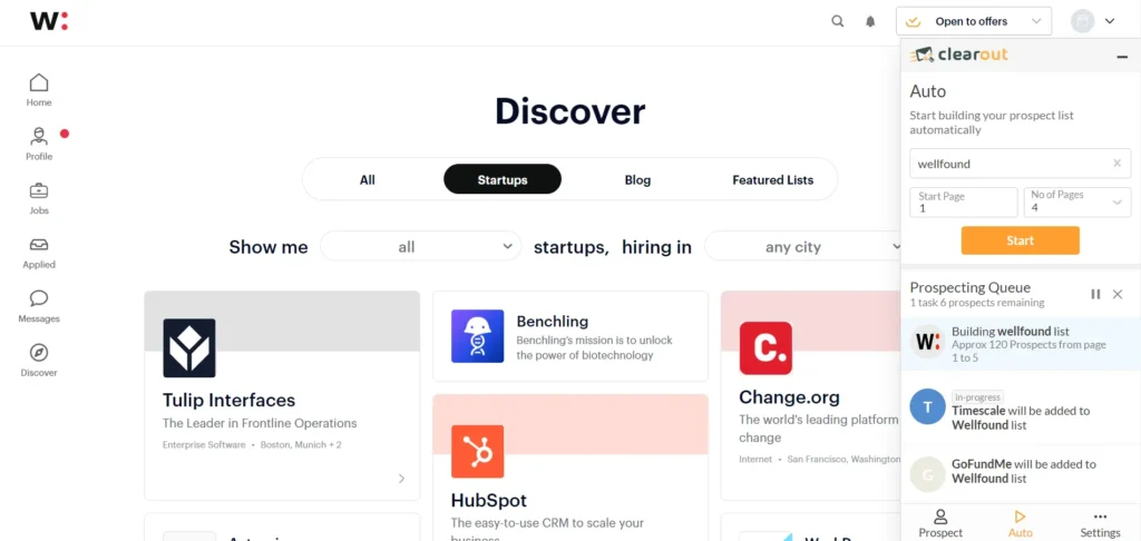 Build Prospect List on Wellfound (Formerly AngelList) using Clearout Chrome Extension