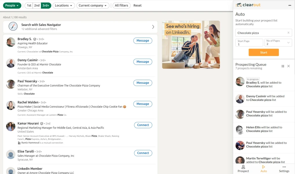 LinkedIn search with Clearout auto prospecting queue