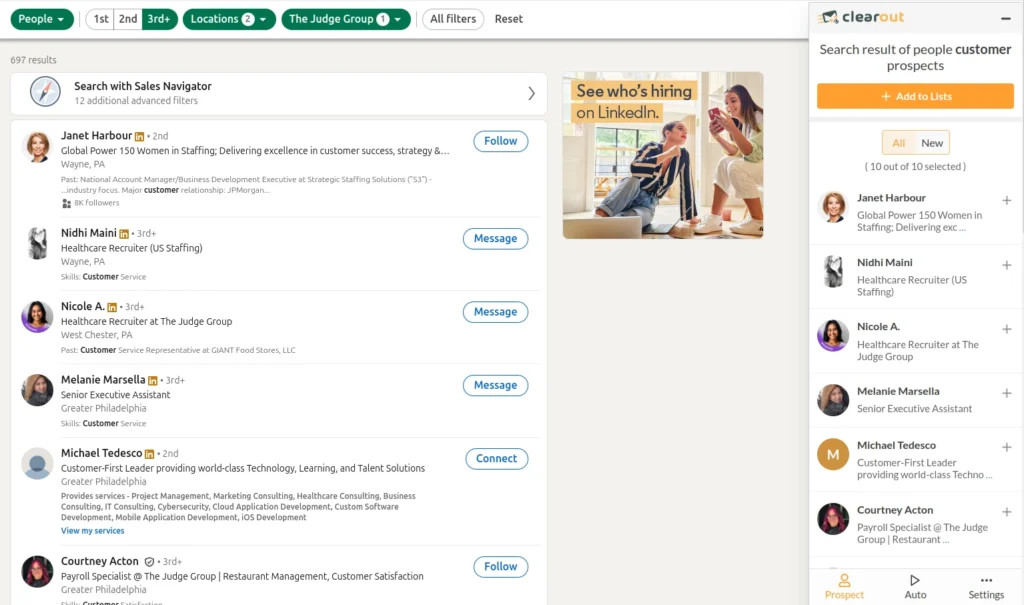 LinkedIn search results with Clearout prospect list panel