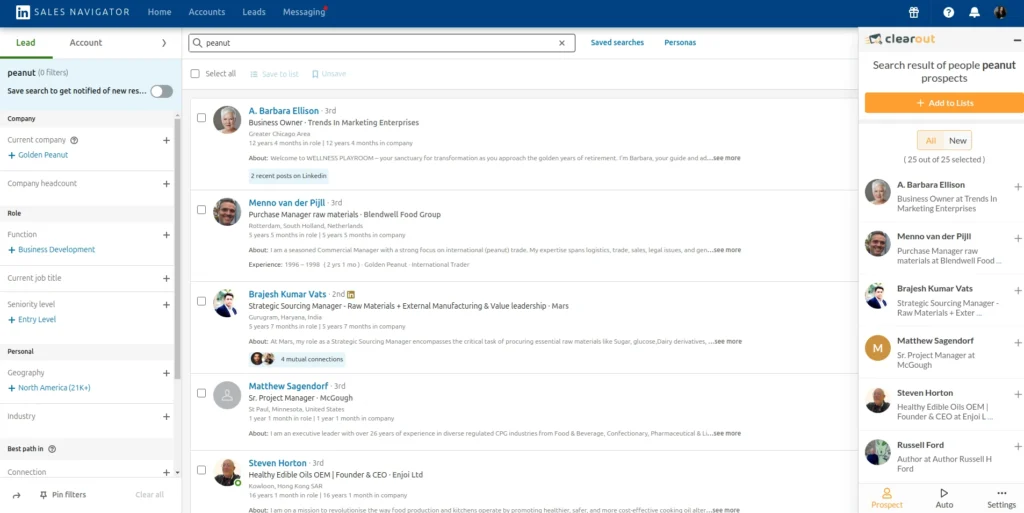LinkedIn Sales Navigator with Clearout prospect list panel