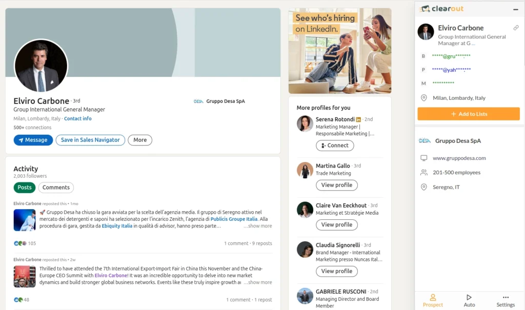 LinkedIn profile with Clearout contact sidebar