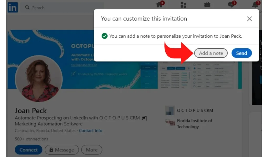 LinkedIn connection request window highlighting the "Add a note" button to send a personalized message to a recruiter.
