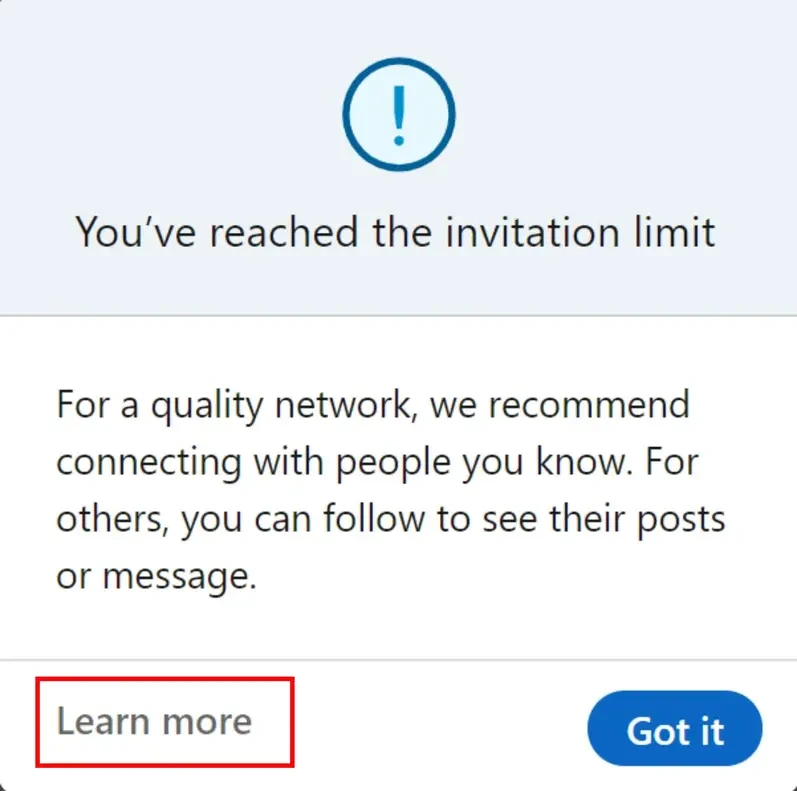 LinkedIn invitation limit popup