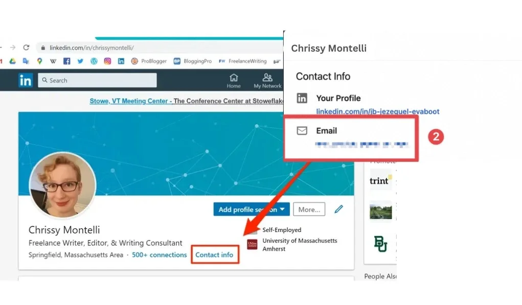 LinkedIn profile showing the "Contact info" button clicked to reveal the user's listed email address.