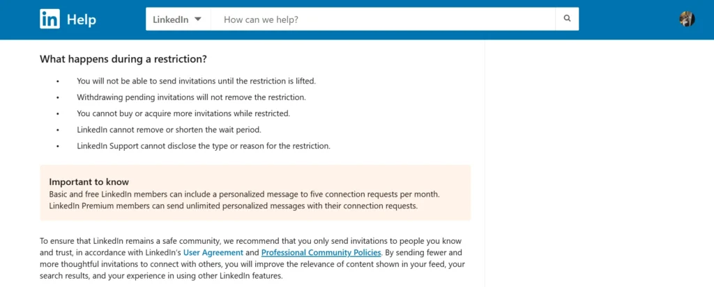 LinkedIn invitation restriction details page